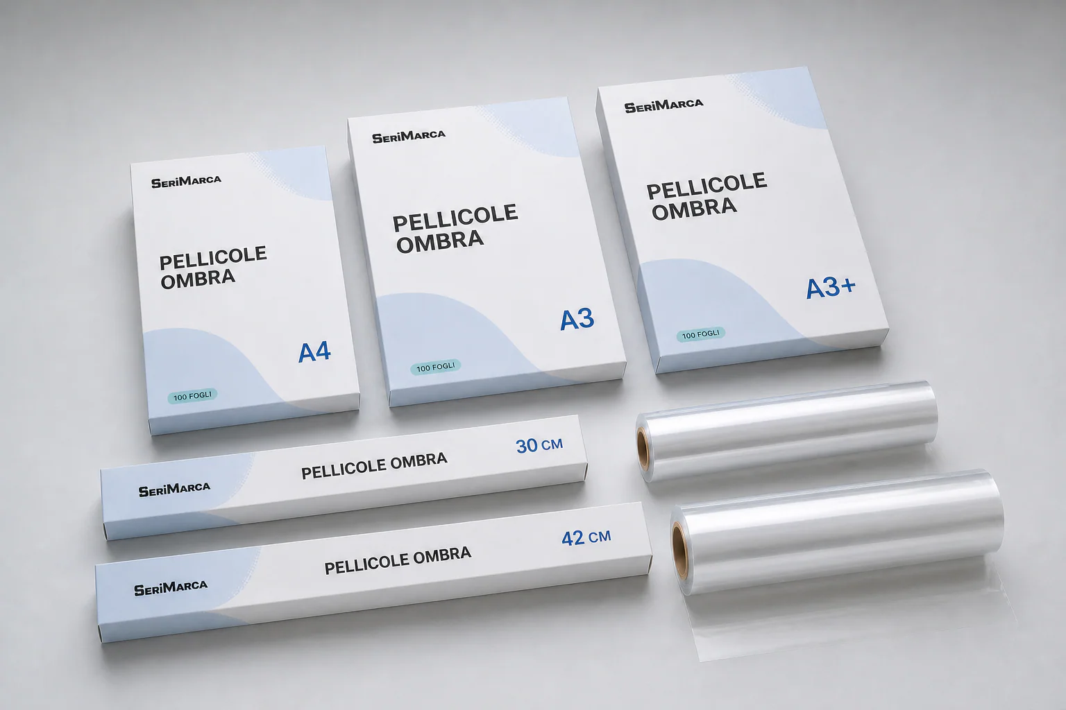 Confezioni SeriMarca di pellicole OMBRA A4, A3, A3+ e rotoli da 30 e 42 centimetri