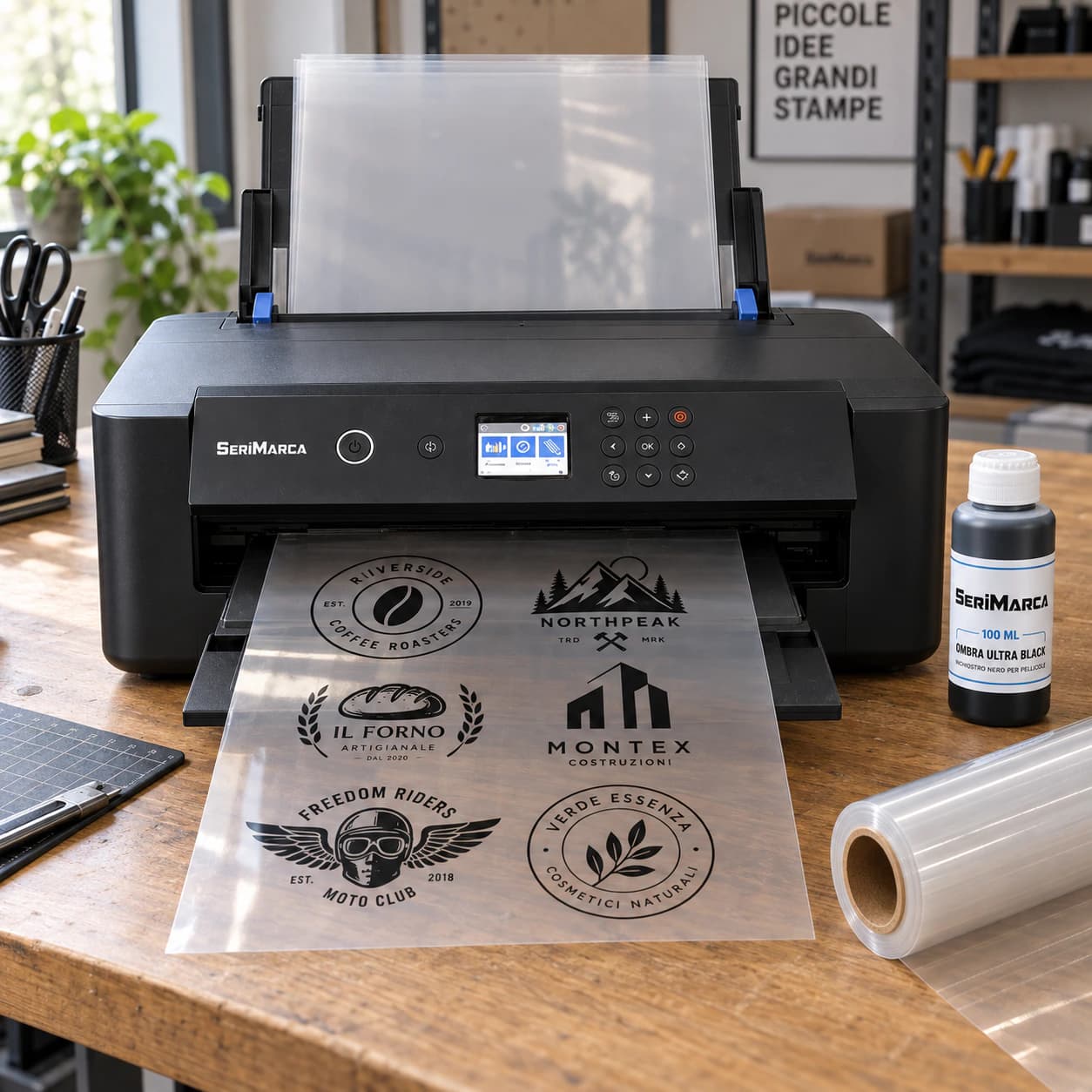 Stampante XP-15000 SeriMarca su un banco in legno con pellicole caricate, loghi stampati, rotolo e inchiostro nero