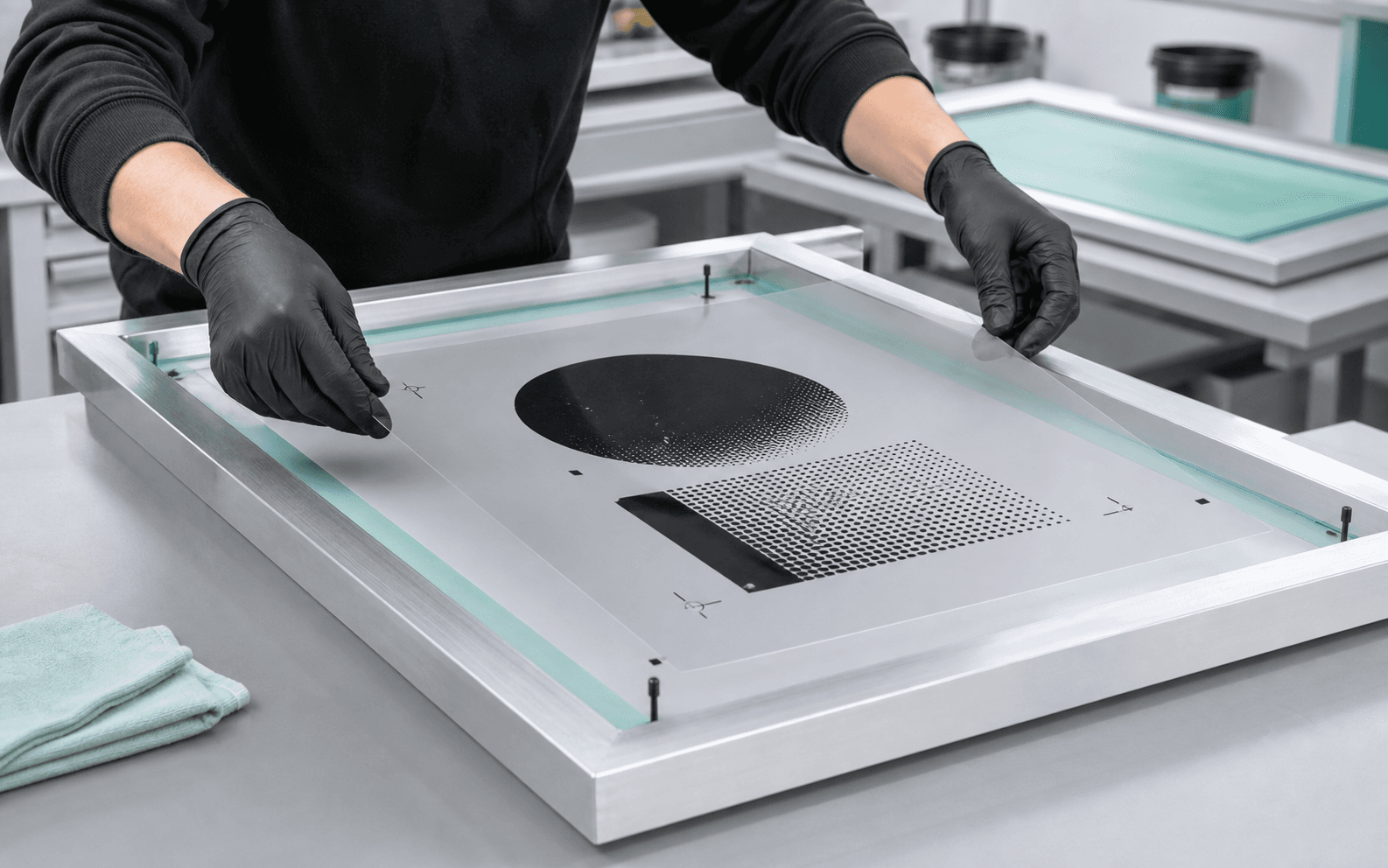 Tecnico che posiziona una pellicola serigrafica sul telaio